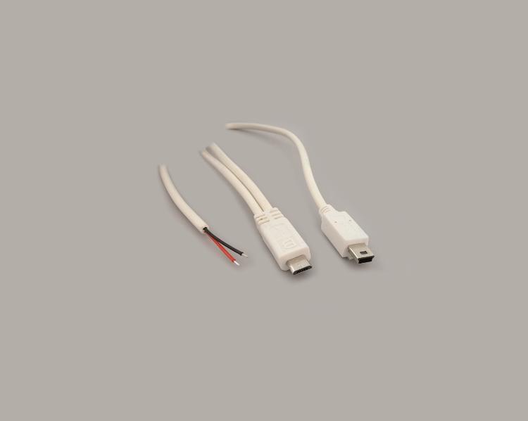 round USB cable AWG 24, Micro USB-B plug 5-pin + Mini USB-B plug to stripped(25mm) and tinned(3mm) ends, 2-pin use, white, cable-Ø 3,5mm, length 1,5m