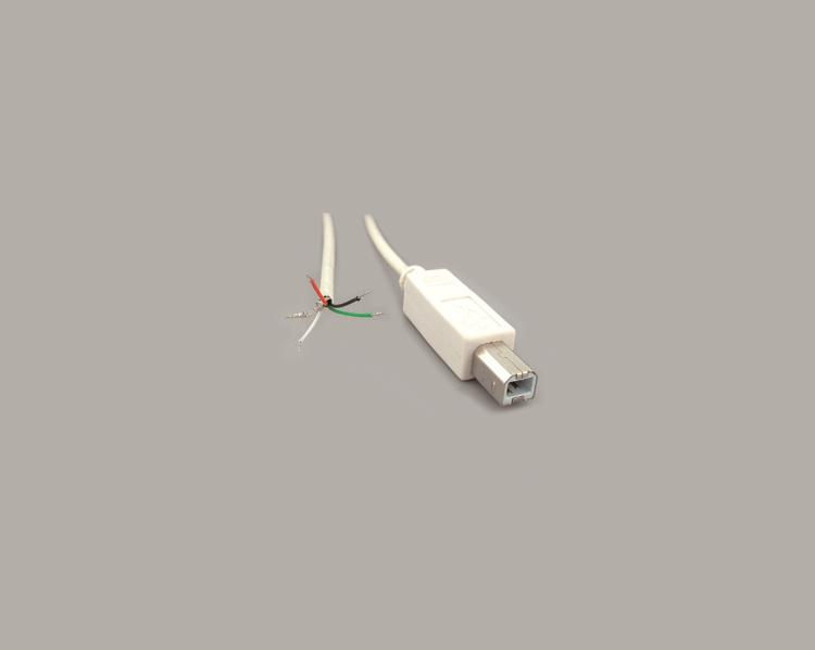 USB 2.0 B Stecker auf freies Ende, abgemantelt und verzinnt, Länge 1800mm, weiß