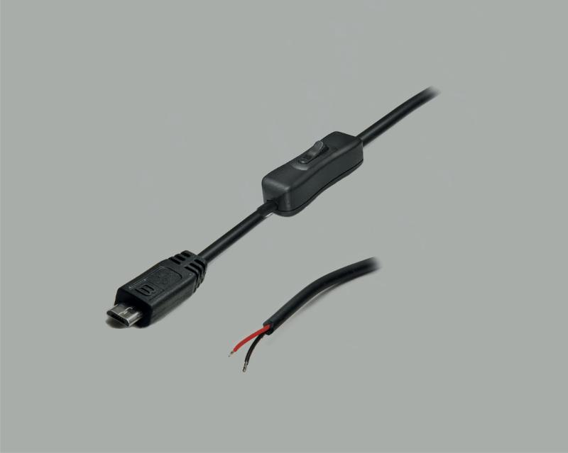 USB-connection cable Micro USB-B 5-pin plug to open end with switch, 2-pins connected, 1,8m, black, stripped and tinned
