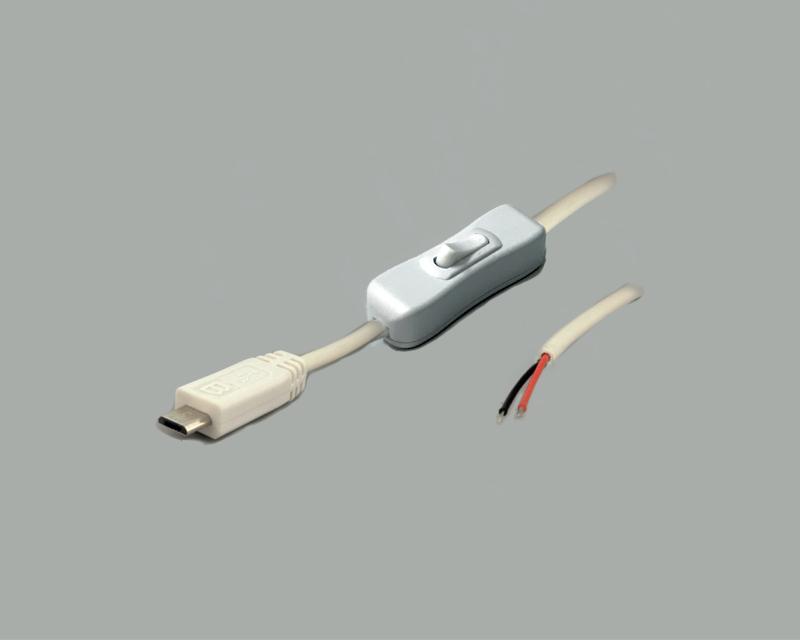 USB-connection cable Micro USB-B 5-pin plug to open end with switch, 2-pins connected, 1,8m, white, stripped and tinned