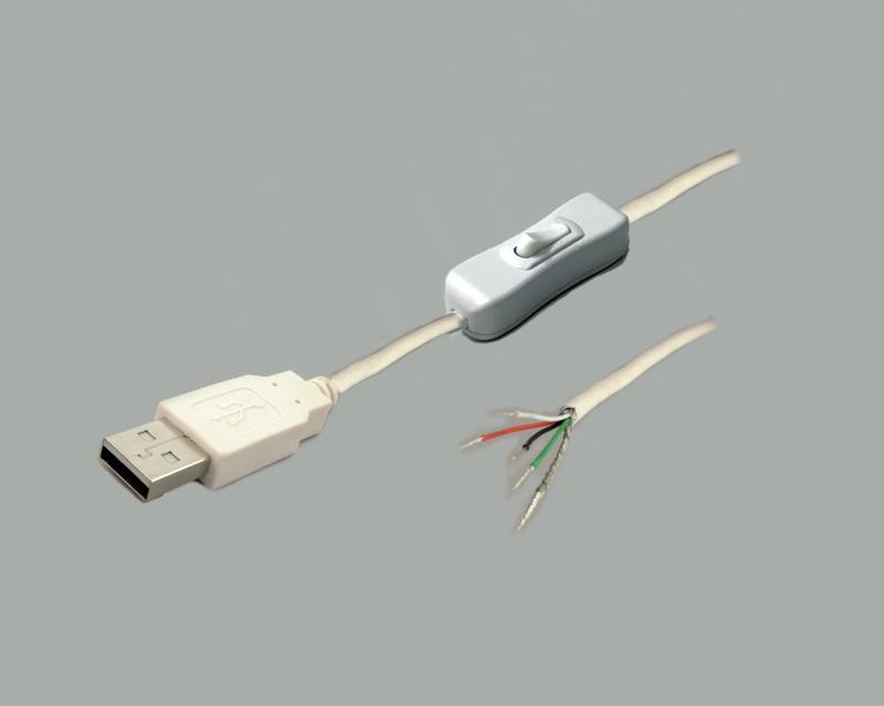 USB-connection cable USB-A Plug to open end with switch, 5-pins connected, 1,8m, white, stripped and tinned