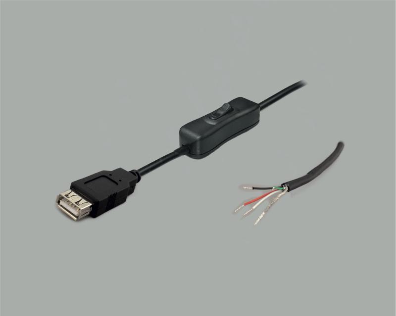 USB-connection cable USB-A Jack to open end with switch, 5-pins connected, 1,8m, black, stripped and tinned