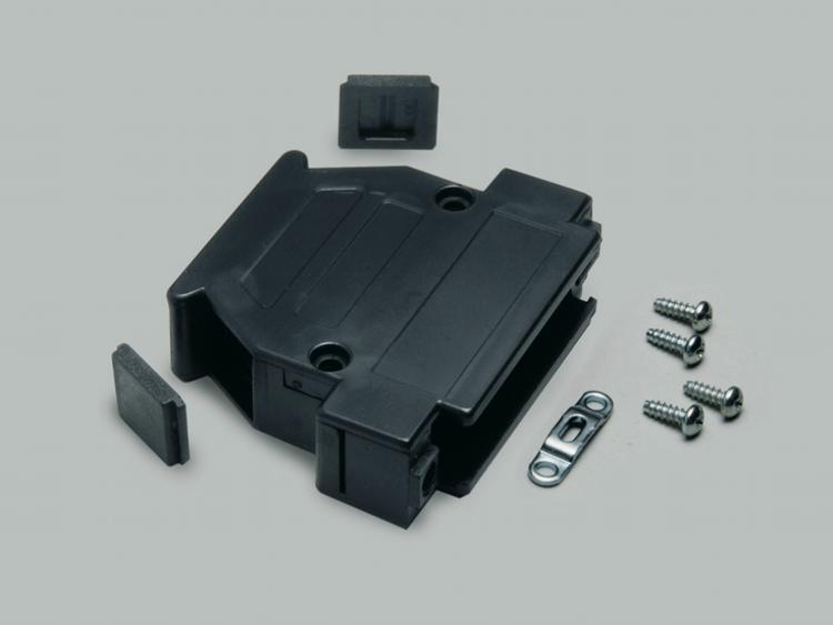D-Sub housing, 15-pin, plastic, black, straight cable outlet and 2x 60° outlet, cable-Ø 6,5mm