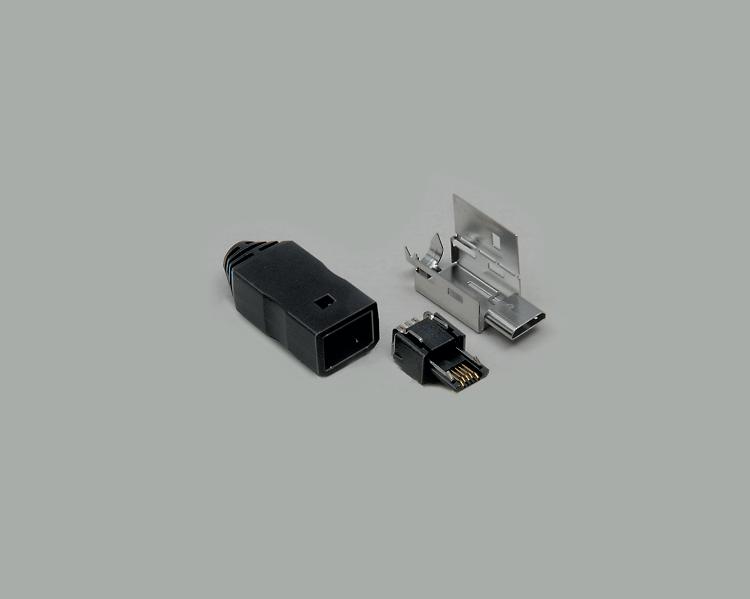 Micro USB-B plug, 5-pin, gold plated contacts, with housing