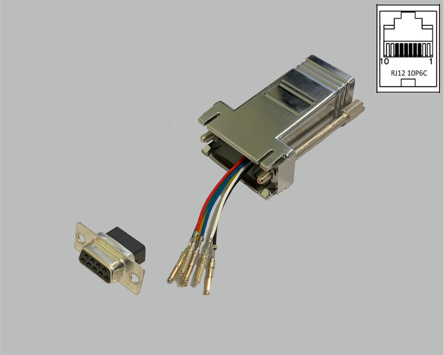 D-Sub/RJ Adapter frei konfektionierbar, D-Sub Buchsenleiste 9-polig auf RJ12 (10P6C) Kupplung, metallisiert