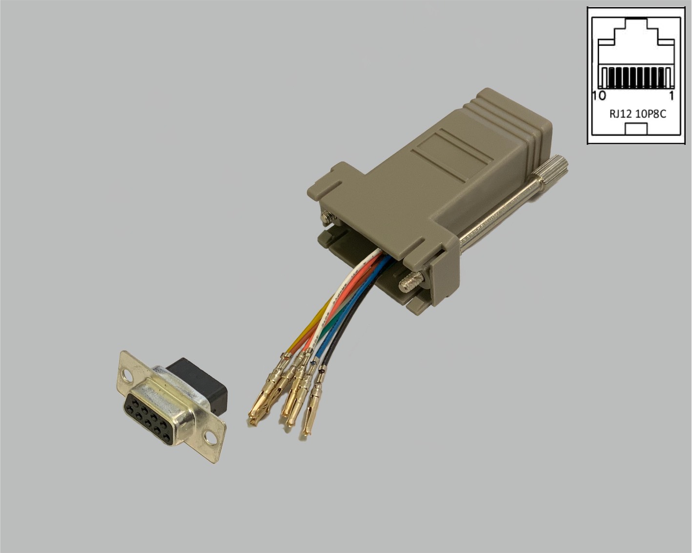 D-Sub/RJ adapter, freely configurable, D-Sub female connector 9-pole to RJ45 (10P8C) female connector, grey