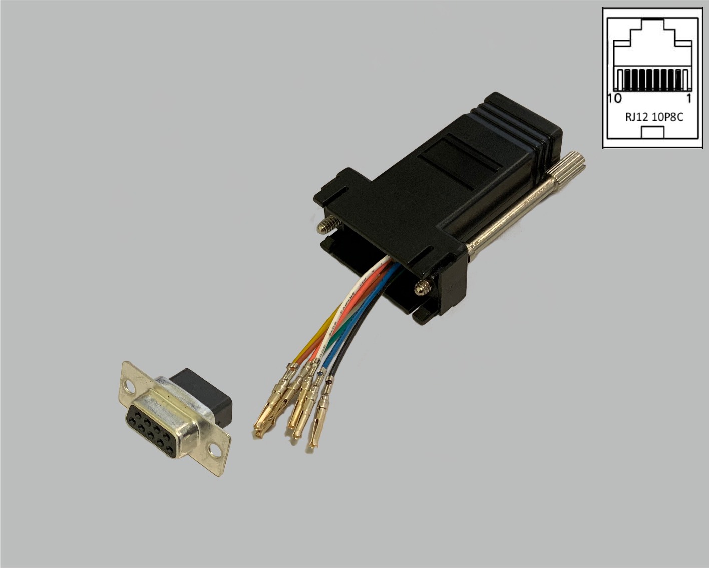 D-Sub/RJ adapter, freely configurable, D-Sub female connector 9-pole to RJ45 (10P8C) female connector, black