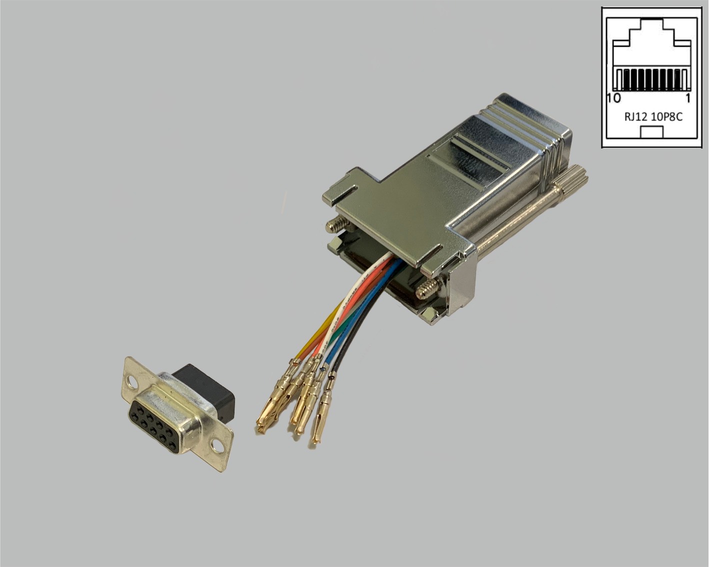 D-Sub/RJ adapter, freely configurable, D-Sub female connector 9-pole to RJ45 (10P8C) female connector, metallised