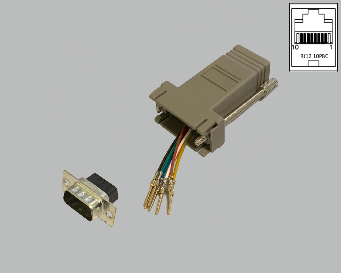 D-Sub/RJ adapter, freely configurable, D-Sub male connector 9-pole to RJ45 (10P8C) female connector, grey