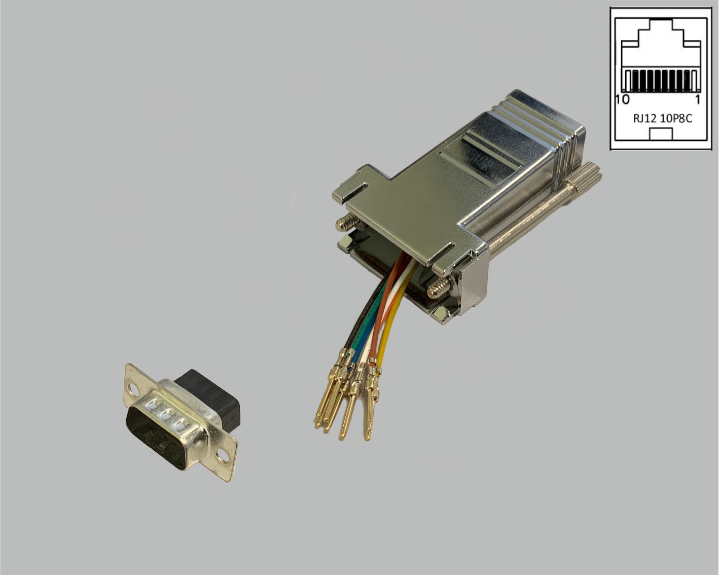 D-Sub/RJ adapter, freely configurable, D-Sub male connector 9-pole to RJ45 (10P8C) female connector, metallised