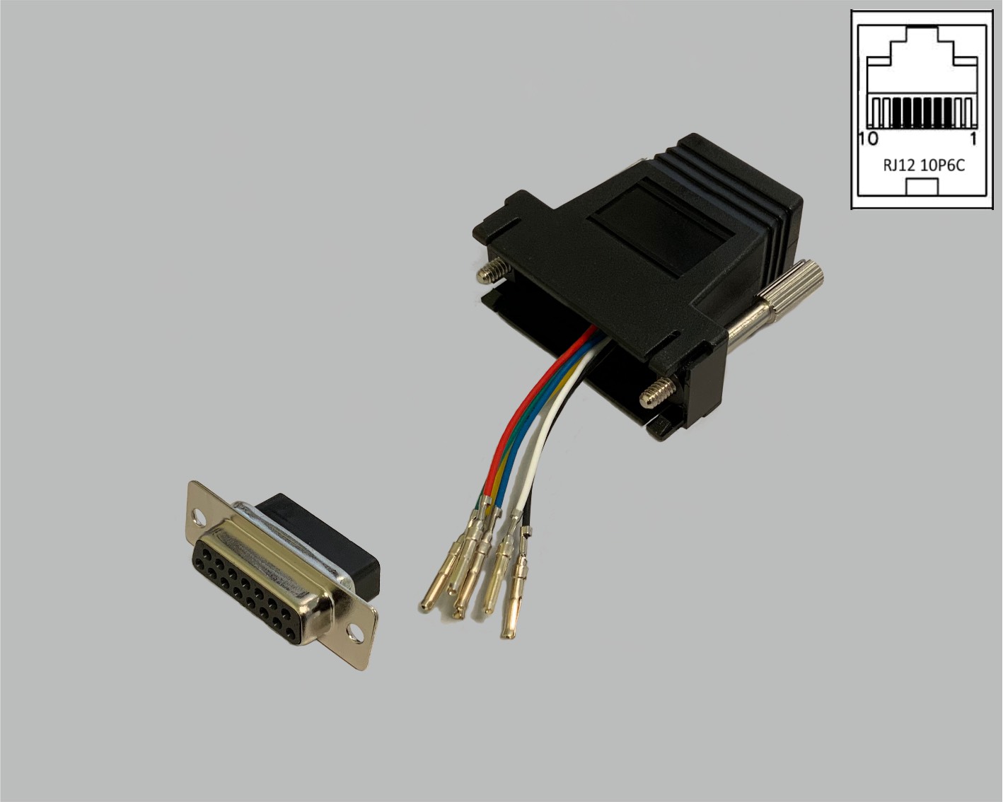 D-Sub/RJ adapter, freely configurable, D-Sub female connector 15-pole to RJ12 (10P6C) female connector, black