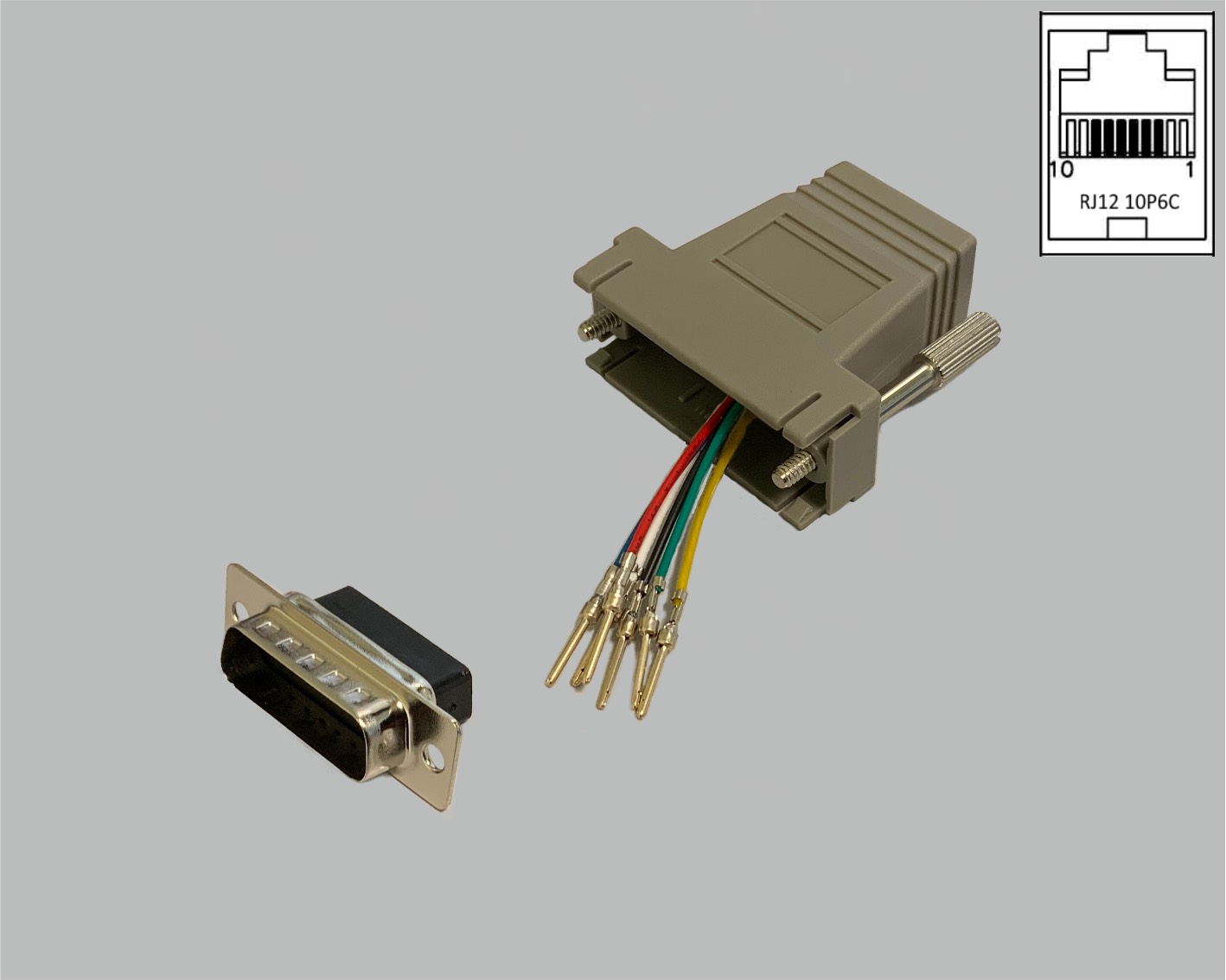 D-Sub/RJ Adapter frei konfektionierbar, D-Sub Stiftleiste 15-polig auf RJ12 (10P6C) Kupplung, grau