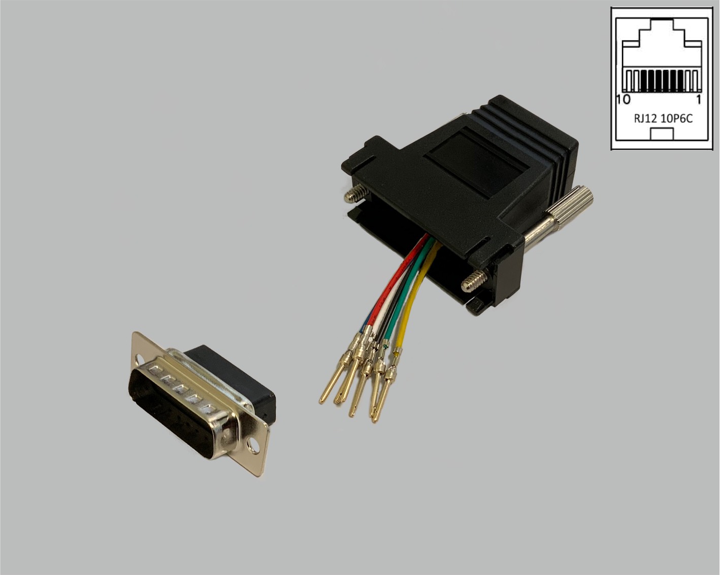 D-Sub/RJ Adapter frei konfektionierbar, D-Sub Stiftleiste 15-polig auf RJ12 (10P6C) Kupplung, schwarz
