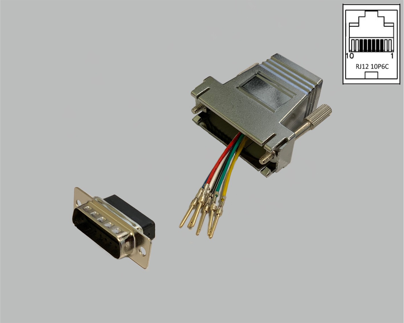 D-Sub/RJ adapter, freely configurable, D-Sub male connector 15-pin to RJ12 (10P6C) female connector, metallised