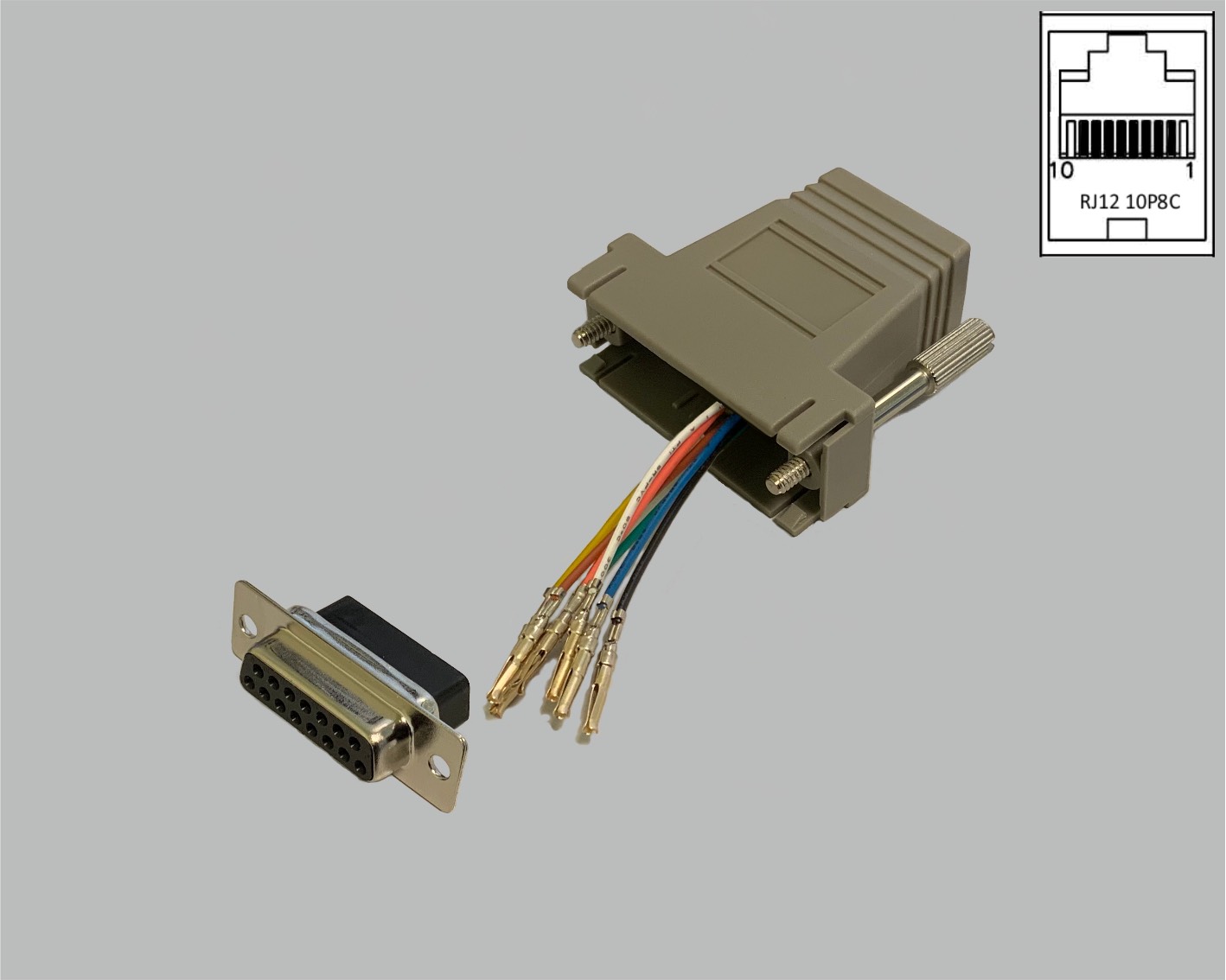 D-Sub/RJ adapter, freely configurable, D-Sub female connector 15-pole to RJ45 (10P8C) female connector, grey