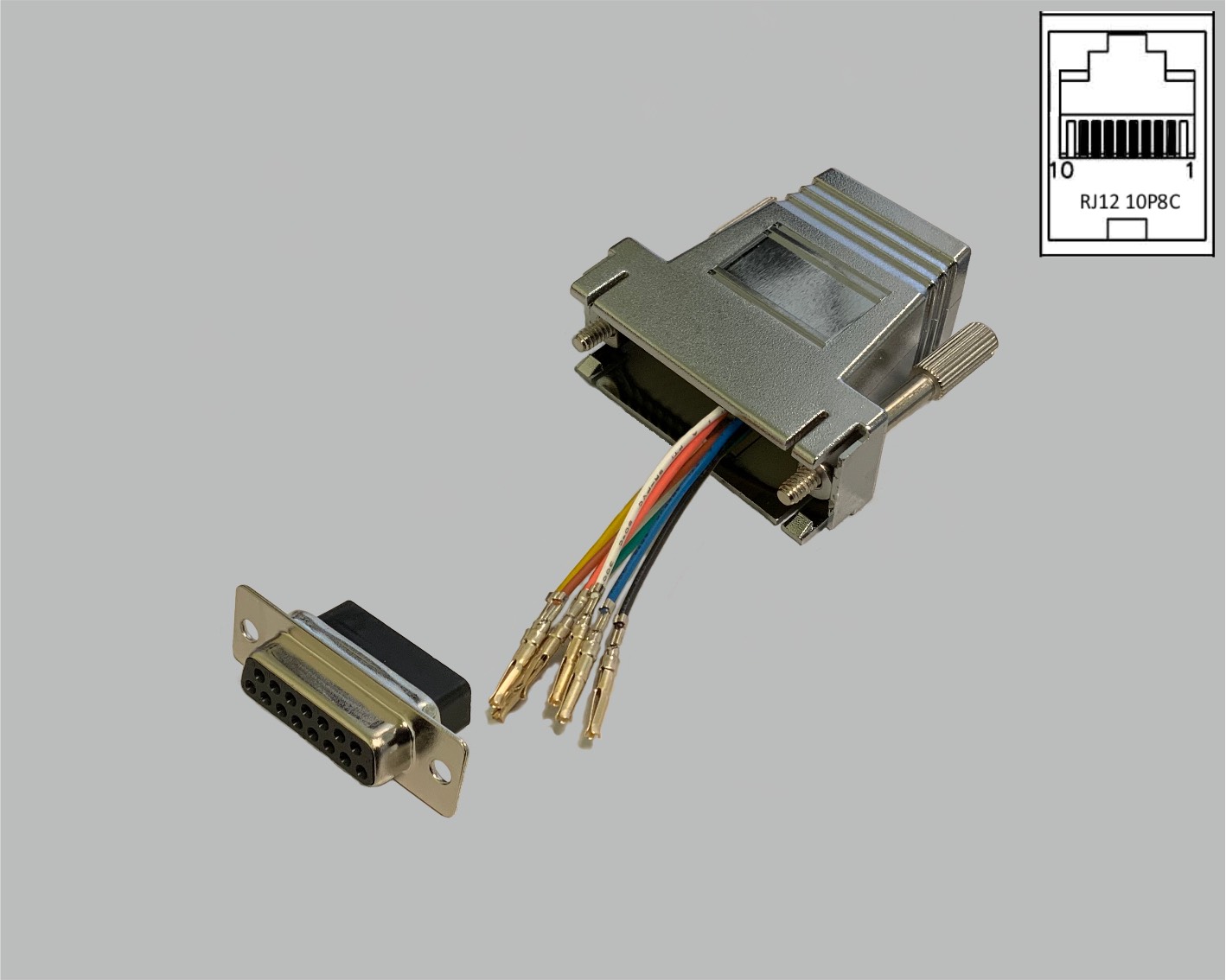 D-Sub/RJ adapter, freely configurable, D-Sub female connector 15-pole to RJ45 (10P8C) female connector, metallised