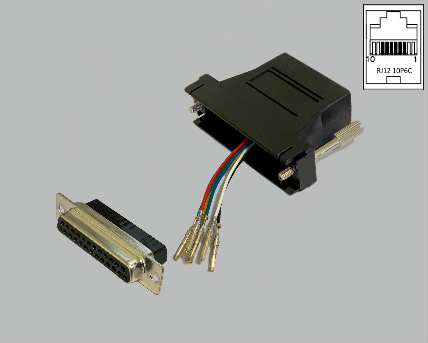 D-Sub/RJ Adapter frei konfektionierbar, D-Sub Buchsenleiste 25-polig auf RJ12 (10P6C) Kupplung, schwarz
