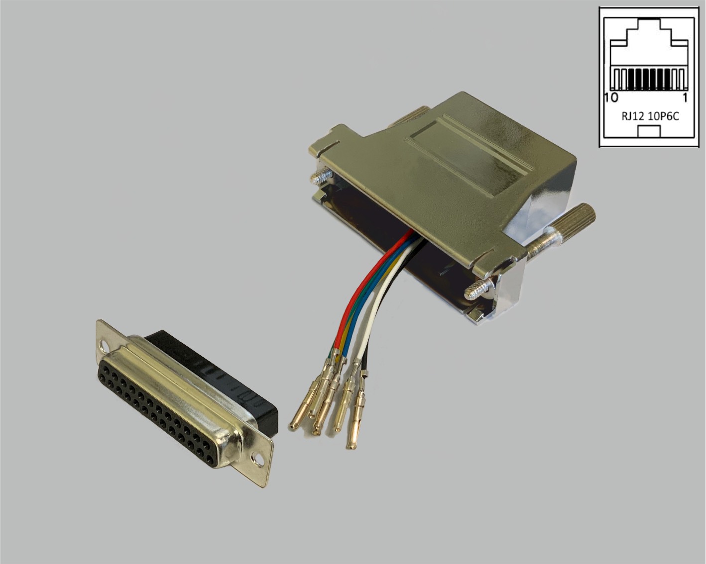 D-Sub/RJ adapter, freely configurable, D-Sub female connector 25-pin to RJ12 (10P6C) female connector, metallised