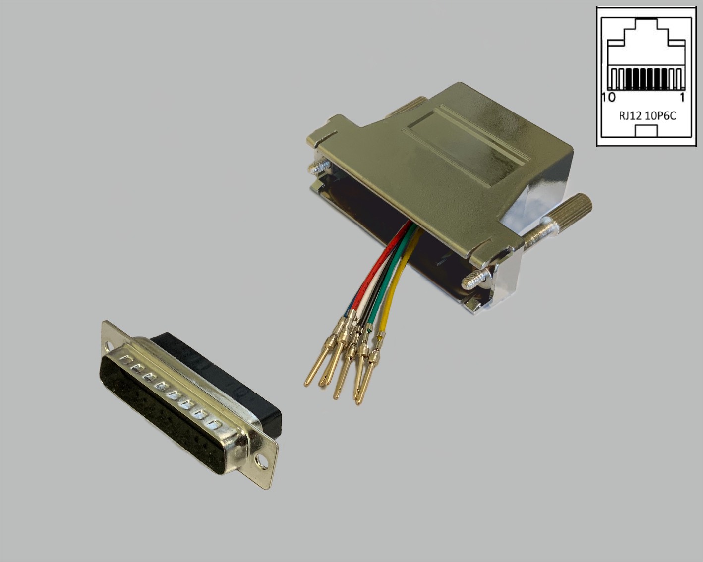D-Sub/RJ adapter, freely configurable, D-Sub male connector 25-pin to RJ12 (10P6C) female connector, metallised