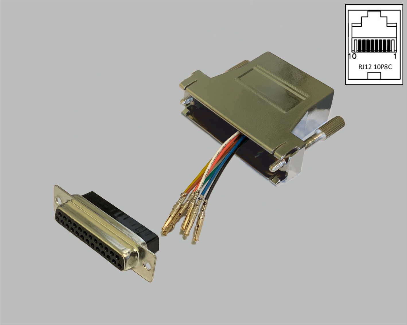 D-Sub/RJ adapter, freely configurable, D-Sub female connector 25-pin to RJ45 (10P8C) female connector, metallised