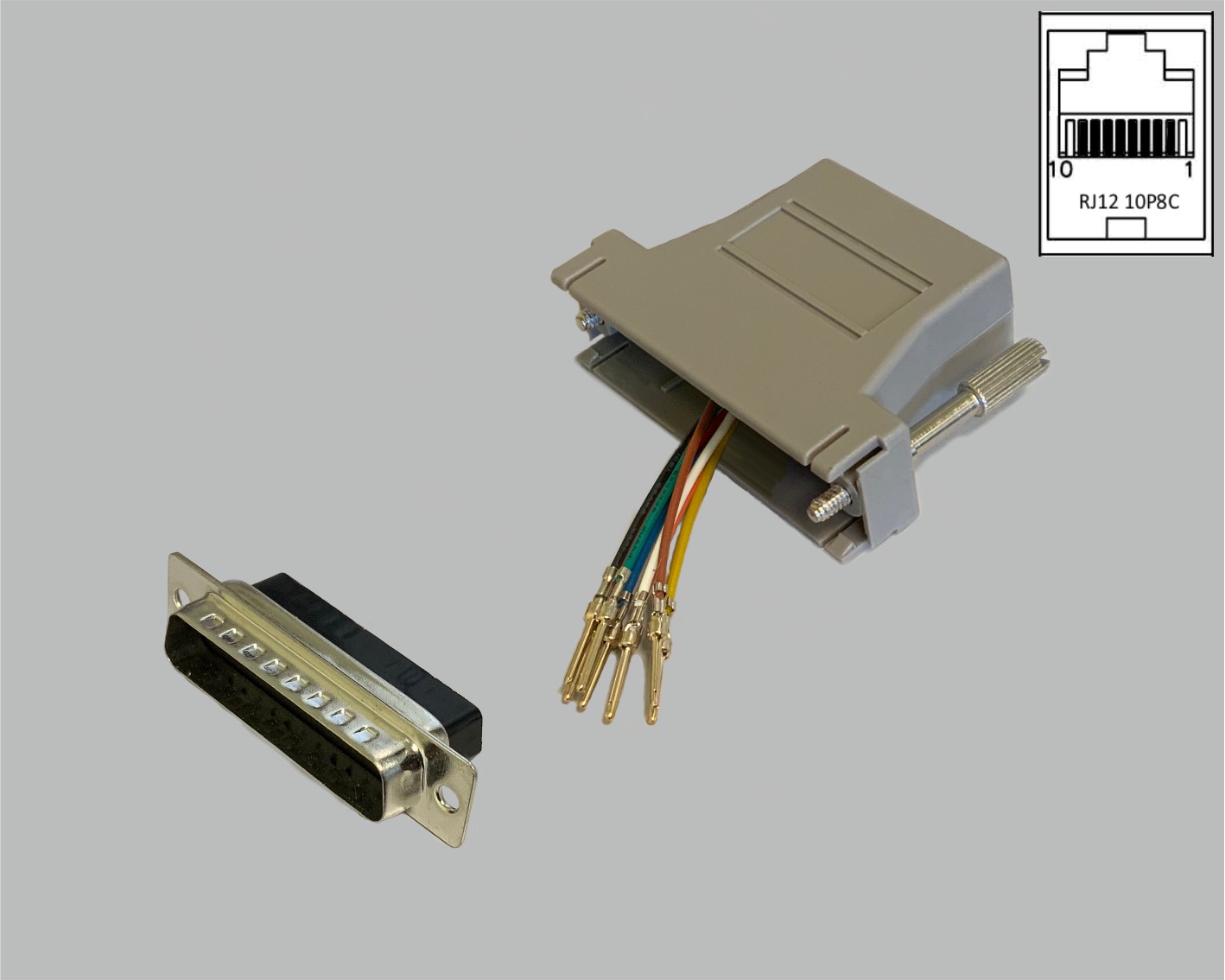 D-Sub/RJ Adapter frei konfektionierbar, D-Sub Stiftleiste 25-polig auf RJ45 (10P8C) Kupplung, grau
