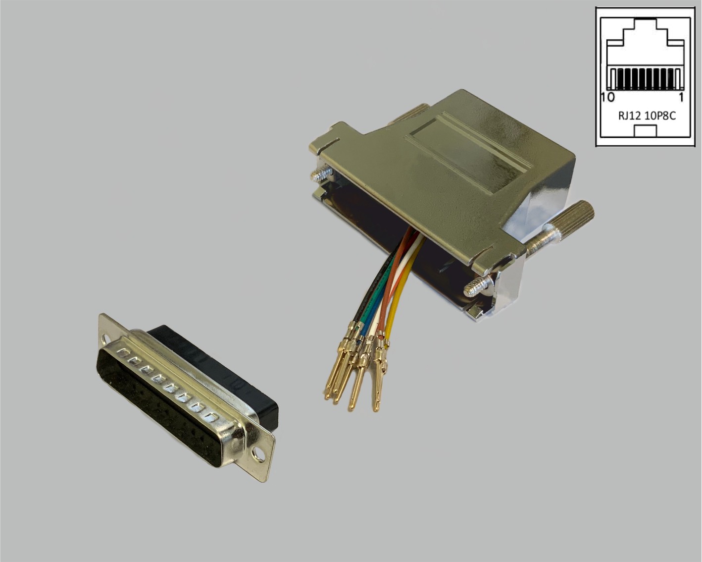 D-Sub/RJ adapter, freely configurable, D-Sub male connector 25-pin to RJ45 (10P8C) female connector, metallised
