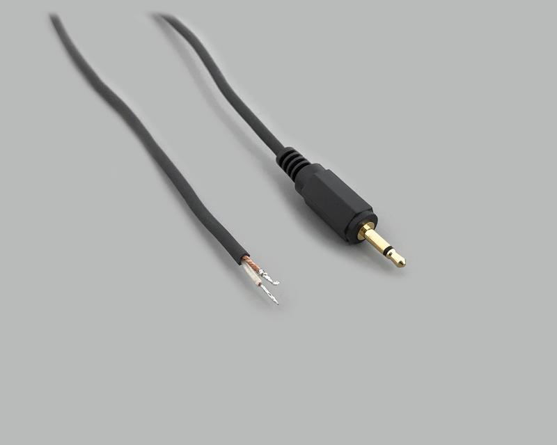 connection cable, audio plug 2,5mm mono to stripped (10mm) and tinned (5mm) ends, molded, gold plated contacts, PVC, black, cable-Ø 2,5mm, cable length 1,8m