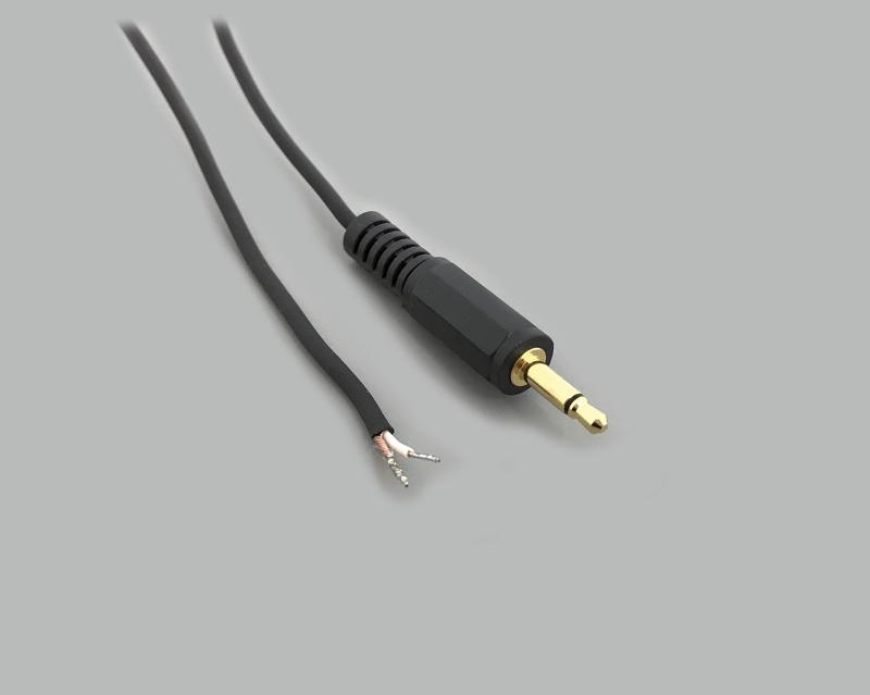 connection cable, audio plug 3,5mm mono to stripped (10mm) and tinned (5mm) ends, molded, gold plated contacts, PVC, black, cable-Ø 2,5mm, cable length 1,8m