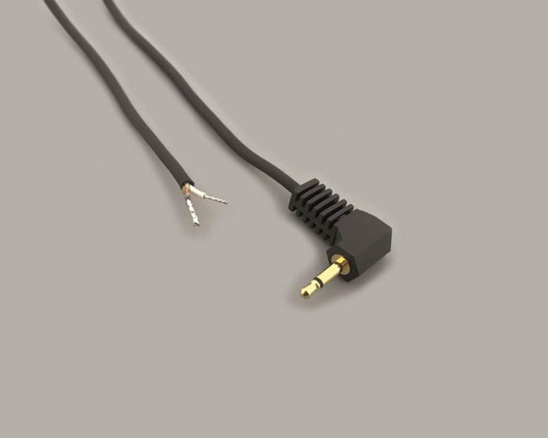 connection cable, angled audio plug 2,5mm mono to stripped (10mm) and tinned (5mm) ends, molded, gold plated contacts, PVC, black, cable-Ø 2,5mm, cable length 1,8m