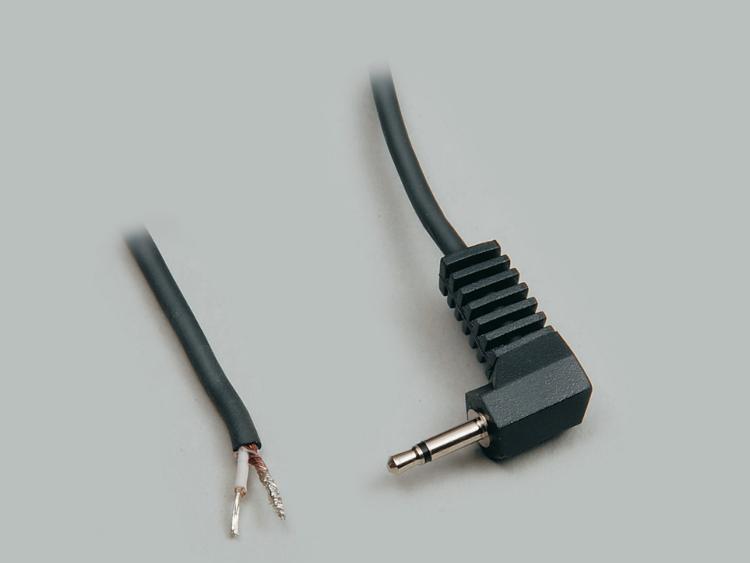 connection cable, angled audio plug 2,5mm mono to stripped (10mm) and tinned (5mm) ends, molded, PVC, black, cable-Ø 2,5mm, cable length 1,8m