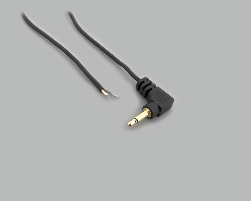 connection cable, angled audio plug 3,5mm mono to stripped (10mm) and tinned (5mm) ends, molded, gold plated contacts, PVC, black, cable-Ø 2,5mm, cable length 1,8m
