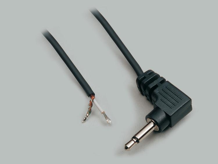 connection cable, angled audio plug 3,5mm mono to stripped (10mm) and tinned (5mm) ends, molded, PVC, black, cable-Ø 2,5mm, cable length 1,8m