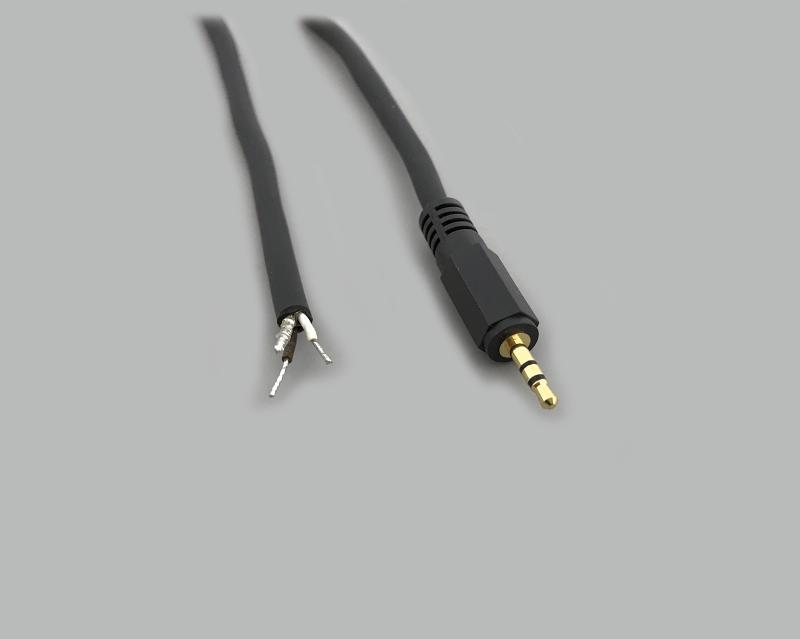 connection cable, audio plug 2,5mm stereo to stripped (10mm) and tinned (5mm) ends, molded, gold plated contacts, PVC, black, cable-Ø 4,1mm, cable length 1,8m