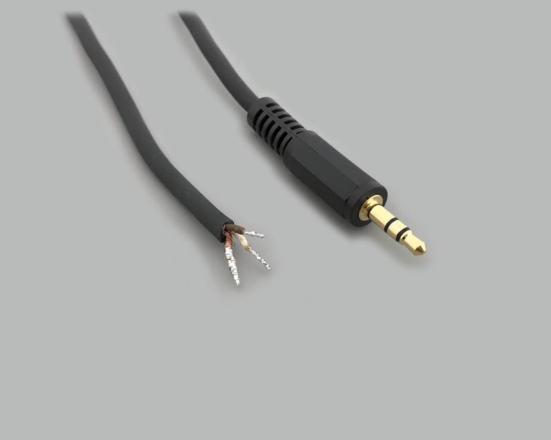connection cable, audio plug 3,5mm stereo to stripped (10mm) and tinned (5mm) ends, molded, gold plated contacts, PVC, black, cable-Ø 4,1mm, cable length 1,8m