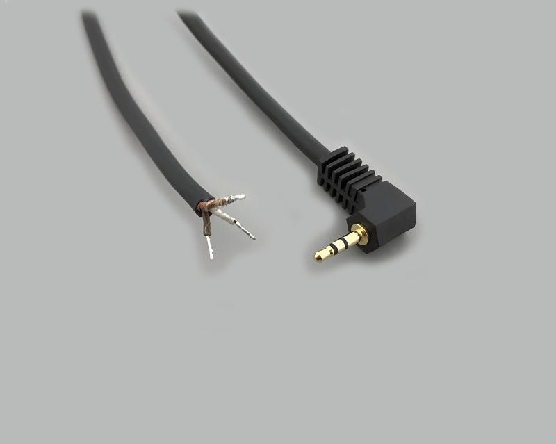 connection cable, angled audio plug 2,5mm stereo to stripped (10mm) and tinned (5mm) ends, molded, gold plated contacts, PVC, black, cable-Ø 2,5mm, cable length 1,8m