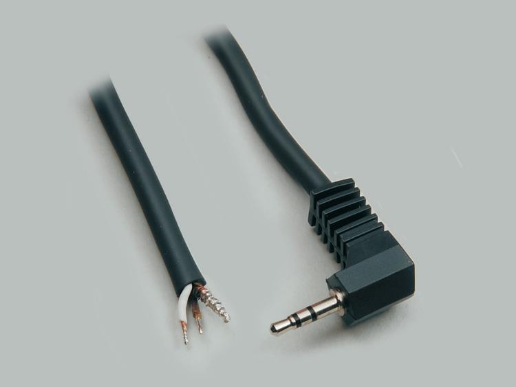 connection cable, angled audio plug 2,5mm stereo to stripped (10mm) and tinned (5mm) ends, molded, PVC, black, cable-Ø 4,1mm, cable length 1,8m