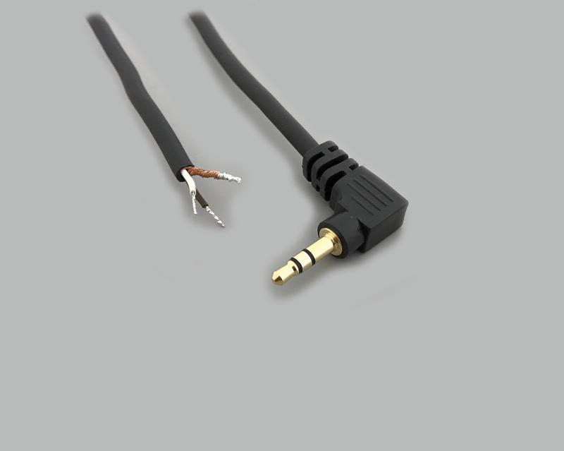 connection cable, angled audio plug 3,5mm stereo to stripped (10mm) and tinned (5mm) ends, molded, gold plated contacts, PVC, black, cable-Ø 4,1mm, cable length 1,8m