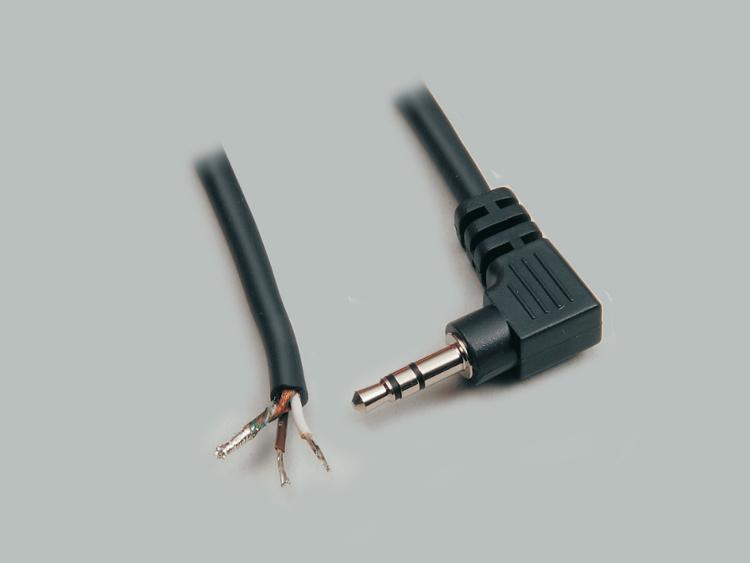 connection cable, angled audio plug 3,5mm stereo to stripped (10mm) and tinned (5mm) ends, molded, PVC, black, cable-Ø 4,1mm, cable length 1,8m