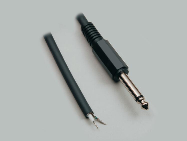 connection cable, audio plug 6,3mm mono to stripped (10mm) and tinned (5mm) ends, molded, PVC, black, cable-Ø 6,0mm, cable length 1,8m