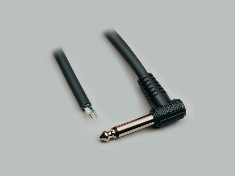 connection cable, angled audio plug 6,3mm mono to stripped (10mm) and tinned (5mm) ends, molded, PVC, black, cable-Ø 6,0mm, cable length 1,8m