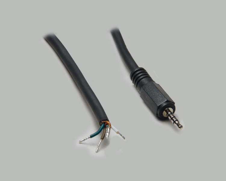 connection cable, audio plug 2,5mm 4-pin to stripped (10mm) and tinned (5mm) ends, molded, PVC, black, cable-Ø 4,1mm, cable length 1,8m