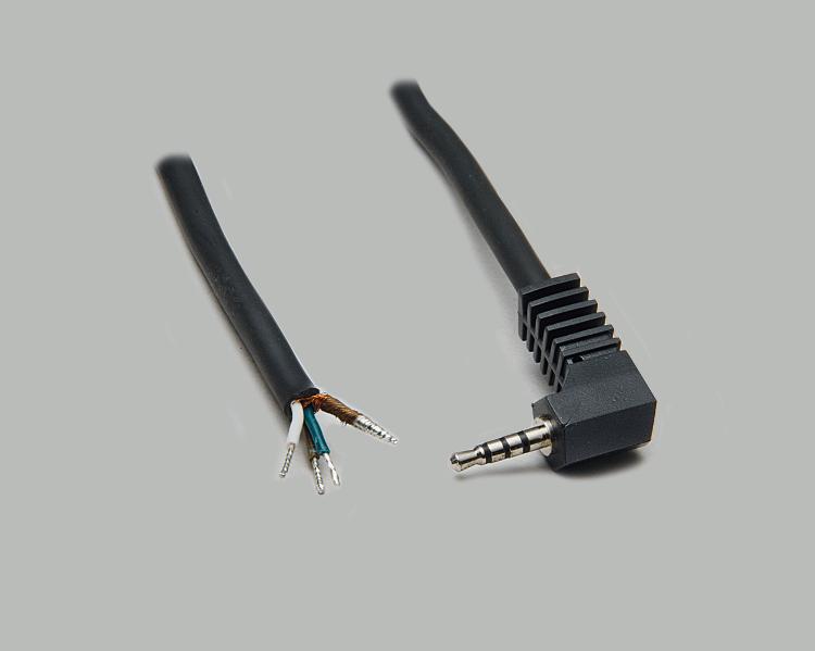 connection cable, angled audio plug 2,5mm 4-pin to stripped (10mm) and tinned (5mm) ends, molded, PVC, black, cable-Ø 4,1mm, cable length 1,8m