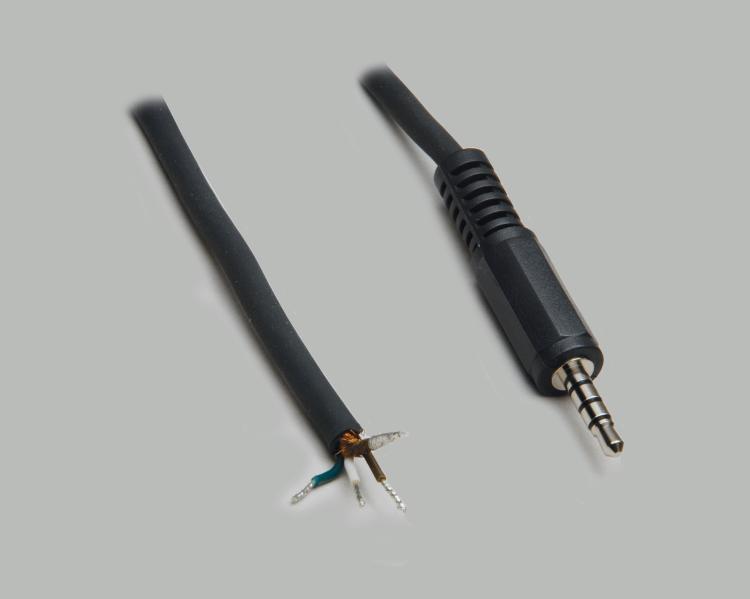 connection cable, audio plug 3,5mm 4-pin to stripped (10mm) and tinned(5mm) ends, molded, PVC, black, cable-Ø 4,1mm, cable length 1,8m
