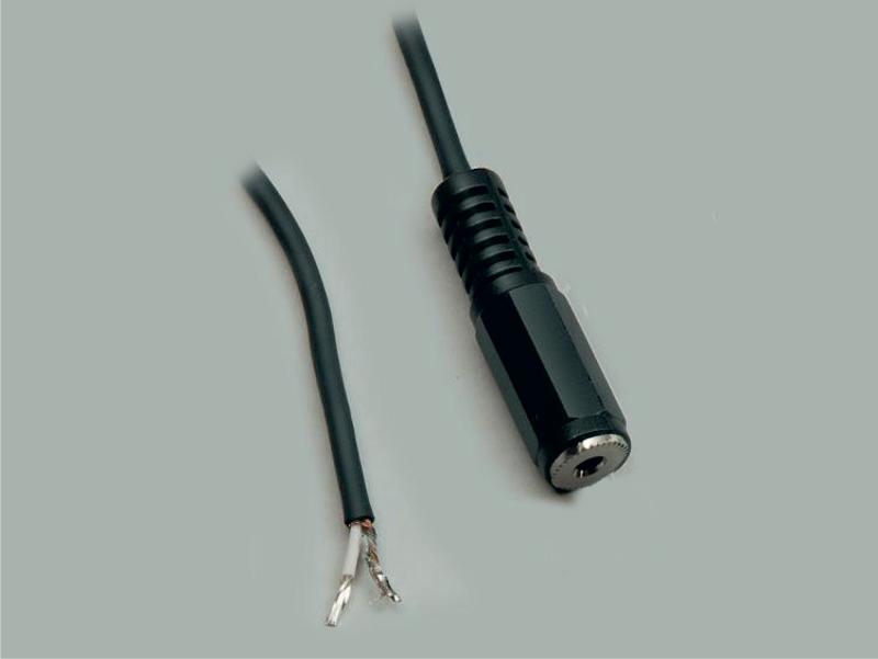connection cable, audio jack 3,5mm mono to stripped (10mm) and tinned (5mm) ends, molded, PVC, black, cable-Ø 2,5mm, cable length 1,8m
