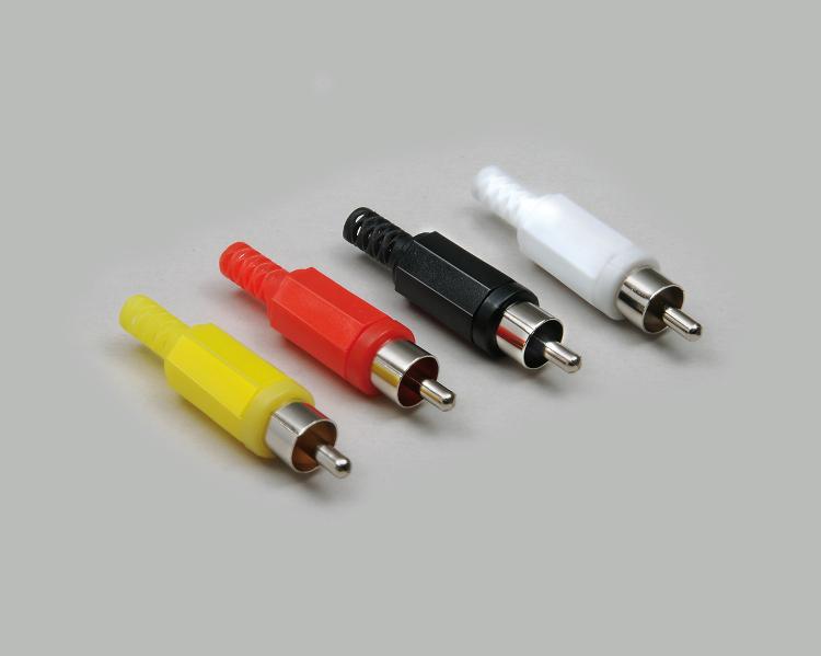 RCA plug, high quality design, gold plated contacts, black plastic housing, cable-Ø 4,8mm