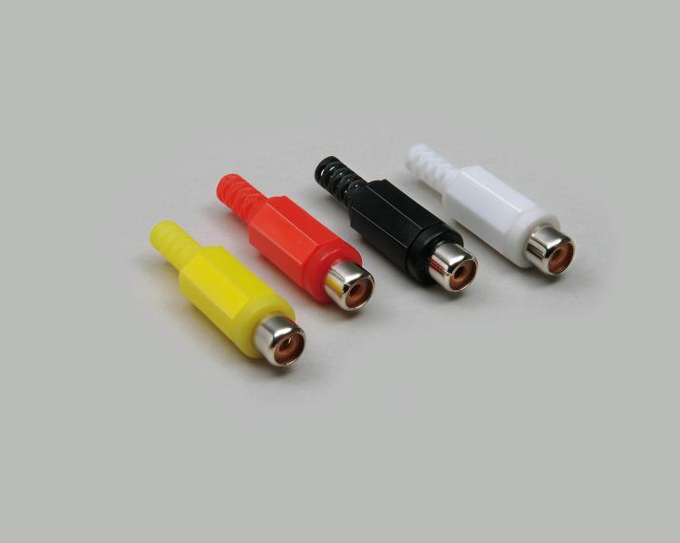 RCA jack, high quality, red plastic housing, cable-Ø 4,8mm