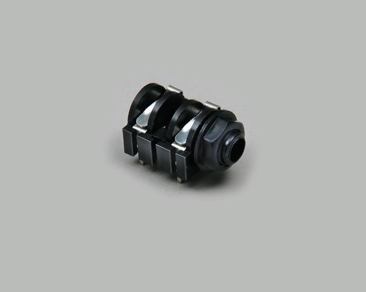 build- in audio socket, 6,3mm, mono, PCB type 90°, with two switchs, insulated installation, closed circuit, plastic housing