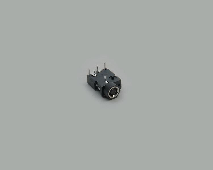 build-in audio socket 3,5mm, stereo, PCB type 90°, high quality, with two switches, closed circuit, black plastic housing