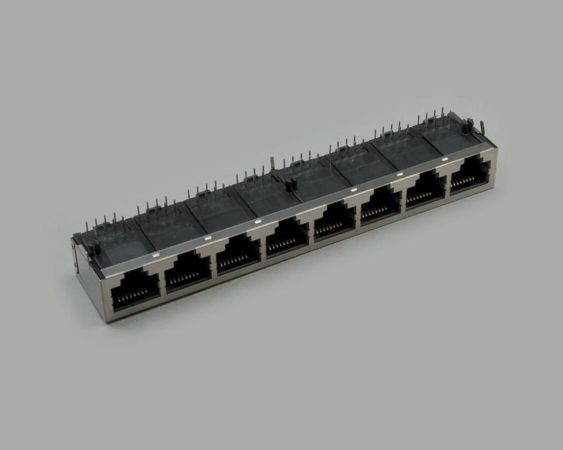 8- fach Modular-Einbaubuchse 8 x 8-polig 8 x 8P8C(RJ45), voll geschirmt, Printausführung 90°, metallisiert
